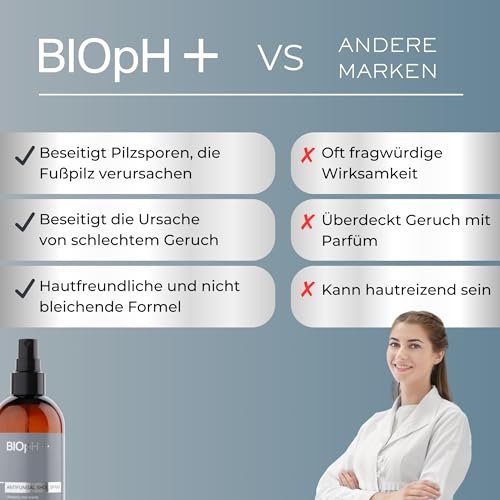 BIOpH+ Antimykotisches Schuhspray 250 ml – Beseitigt 99,9% der Pilze, die Fuß- & Nagelpilz verursachen, sowie geruchsbildende Bakterien