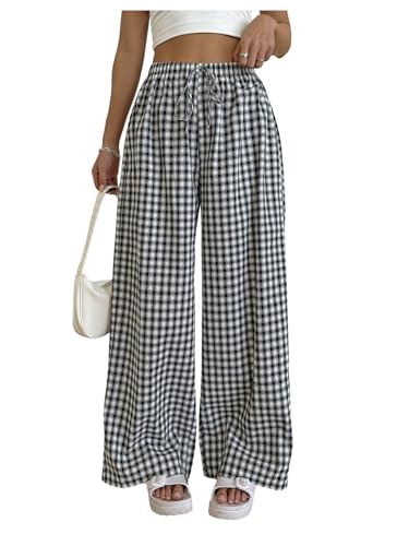 Verdusa Women's Gingham Plaid Wide Leg Pants Streetwear Casual High Rise Baggy Trousers