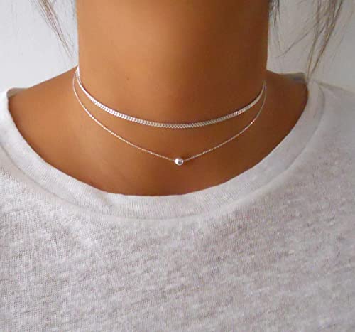 Carovo Dainty Silver Necklace For Women Silver Layered Chain Necklaces Trible Layering Simple Cuba Link Cute Bead Necklace Jewelry #TOP3