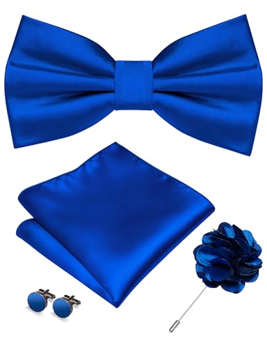 RBOCOTT Royal Blue Bow Tie for Men Silk Bowtie and Pocket Square with Lapel Pin Cufflinks Set (9)