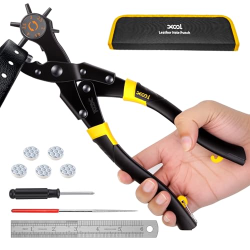 XOOL Alicate Sacabocados para Cuero con Mango Largo Mejorado, Herramienta de Perforación Ergonómica para Cinturones, Zapatos, Sillas de Montar y Manualidades