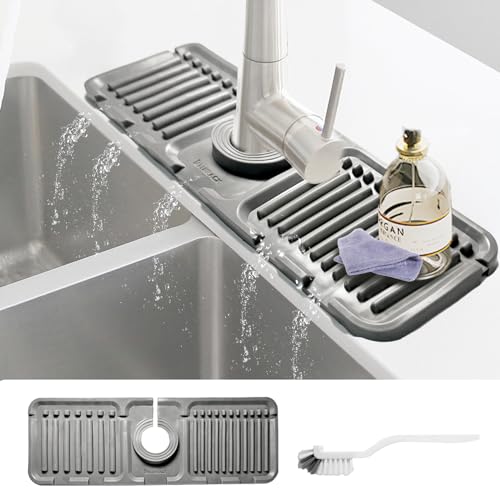Daily Treasures Silicone Faucet Splash Guard with Brush, 5° Large Slope Sink Splash Guard, (13x4.7) Sink Splash Guard Mat Kitchen Sink Splash Guard for Bashroom Kitchen Sink (Grew)