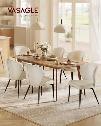 Image of VASAGLE Dining Chairs Set of 6, Upholstered Kitchen Chairs | Synthetic Leather with Stitching, Mid-Century Modern, Easy Assembly, Living Room Lounge, Cream White