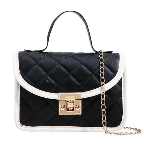 Bolsa tiracolo de couro acolchoada para mulheres, bolsa de ombro feminina moderna com bolsa de designer de corrente, Preto e branco, Small