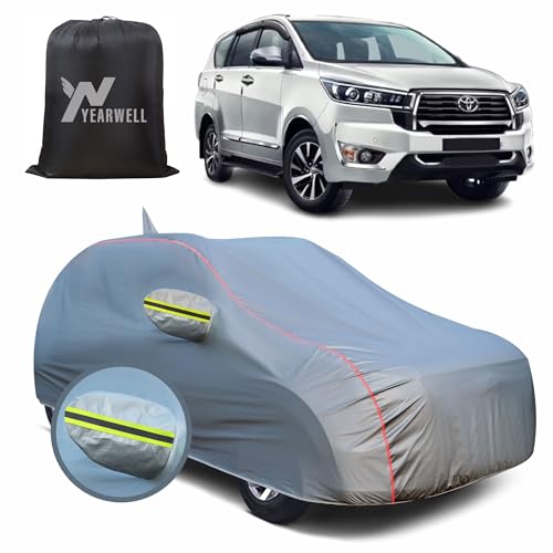 Image of Car Body Cover for Toyota Innova Crysta, 100% Waterproof, Heat-Resistant with Mirror & Antenna Pockets, Soft Cotton Lining, Triple Stitched, Green Reflector (Metallic Grey)
