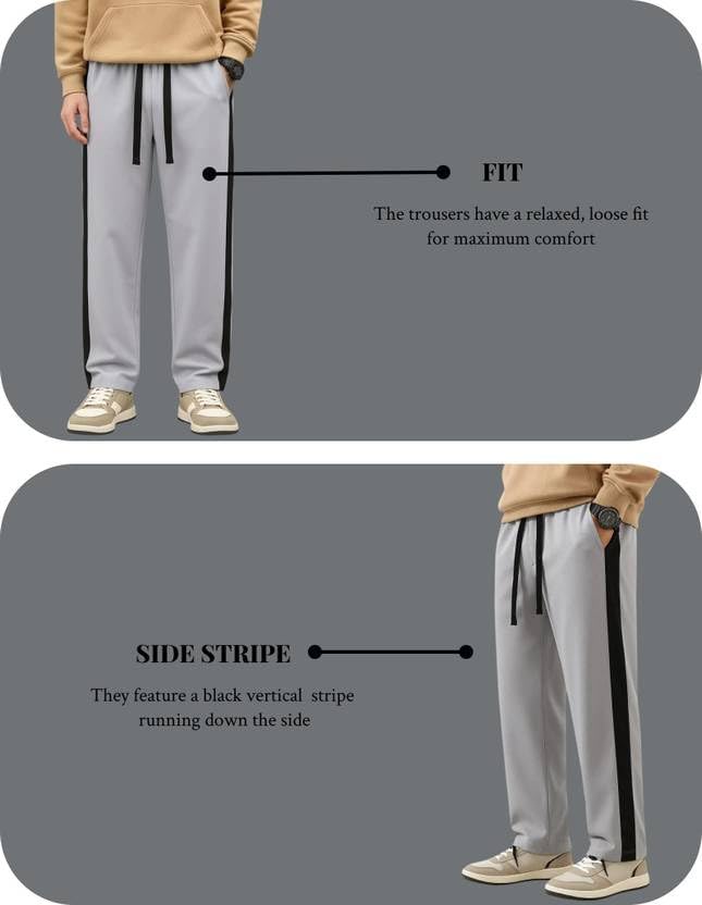 Image of Men's Cotton Blend Track Pants, Black with White Side Stripe, Drawstring Waist, Relaxed Fit Joggers