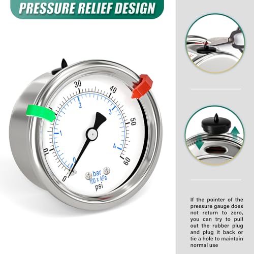 Image of 0-60Psi Stainless Steel Dry Low Pressure Gauge 1 /8 inch NPT 2 inch Dual Scale Dial, Back Mount, Waterproof for Water Oil Air Well Pump, compressors, Tire Gas Pressure Test (with Range Mark Pointer)