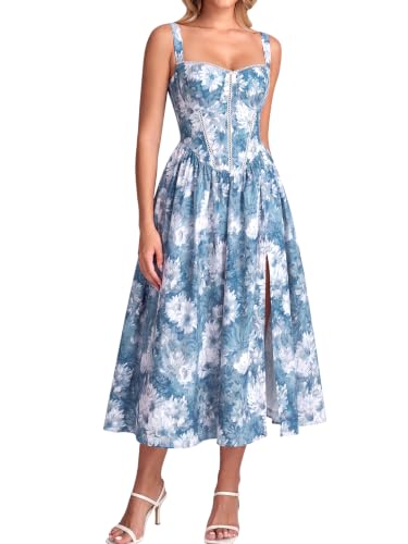 KUTUMAI Summer Floral Corset Midi Wedding Guest Dresses for Women