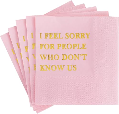 Image of DecoGlee 50 Pack Funny Quotes Cocktail Napkins - Humorous Party Disposable Paper Hand Napkins for Gatherings Get-Togethers Party Supplies Decorations Table Decor (5" Folded 2 Ply -Gold Foil Pink)