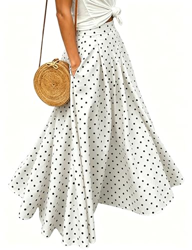 Mansy Women's High Waisted Polka Dot Long Skirt Flowy Maxi Skirt with Side Pockets Summer Casual White-S