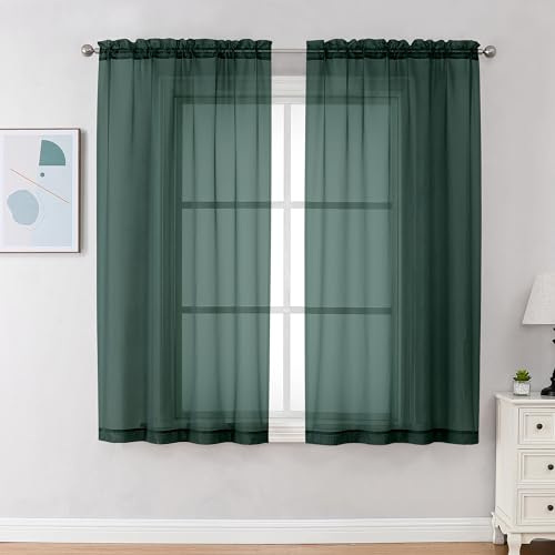 Image of Chyhomenyc Hunter Green Sheer Curtains 63 Inch Length 2 Panels, Rod Pocket Solid Window Sheer Curtain Panels, Elegant Curtains & Drapes for Living Room Bedroom 2 Panels (Hunter Green, 42 W x 63 L)