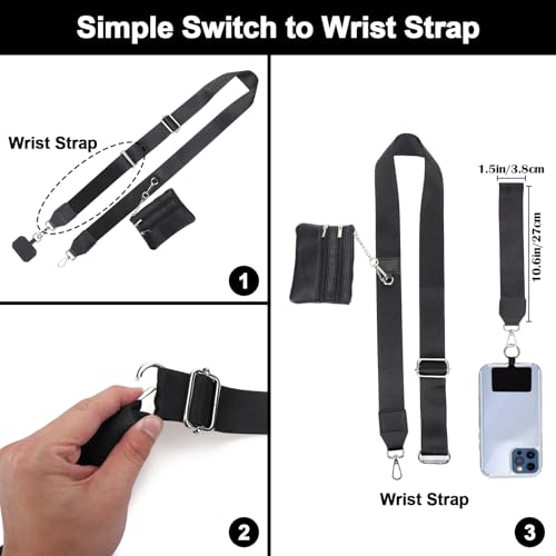 Image of XANGNIER Clip and Go Strap for Phone with Wallet Crossbody, Phone Strap with Zippered Wallet, Adjustable Anti Theft Cellphone Lanyard for Women, Cellphone Chain Accessories, Black