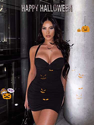 Image of ZileZile Women's Sexy Sleeveless Halter Dress Bodycon Ruched V Neck Party Club Mini Dress