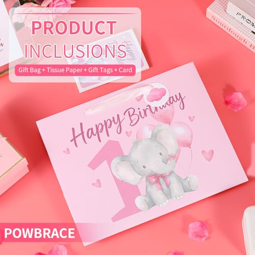 Image of Powbrace 13 inch 1st Birthday Gift Bag with Tissue Paper and Greeting Card for Party, Happy Birthday Gift Bag for Men Women,Gift Bags Medium size(1 PCS Pink Cartoon)