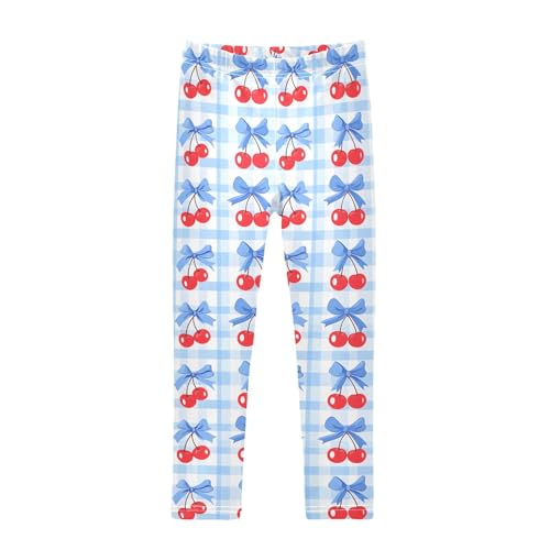 Cherry Bow Blue Grid Girls Leggings Soft Stretch Workout Yoga Dance Pants for Kids Casual Tights