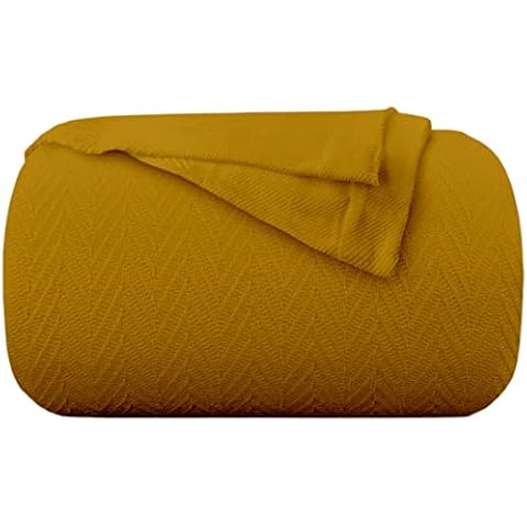 Kotton Culture Knitted Geometric Herringbone Pattern Handwoven Blanket 100% Long Staple Cotton - Soft & Cozy Thermal Winter Throw for Bed Couch Chair Outdoors (King/Cal King, Gold) Cover
