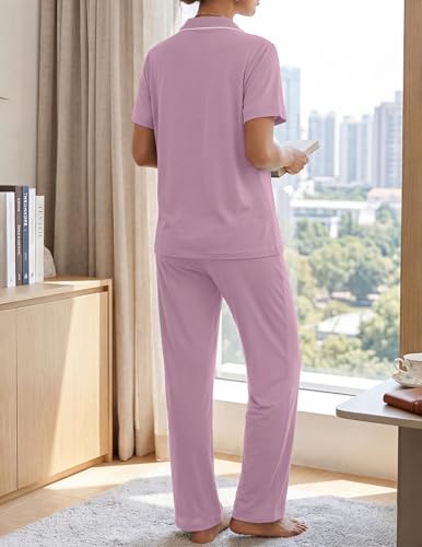 Image of ZMJ Womens Pajamas Sets 2 Piece Lounge Set Short Sleeve Shirt with Long Pant Pj Sets Button Down Sleepwear Outfits Bean Paste XS