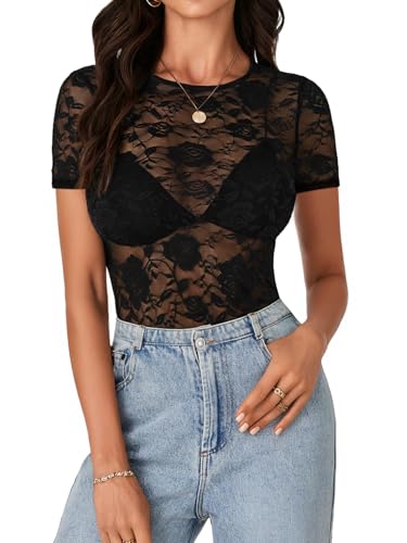LYANER Women's Lace Top Short Sleeve Crewneck Fitted Mesh Sheer T-Shirt