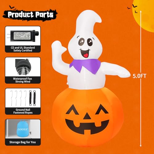 Image of GOOSH 5 FT Halloween Inflatable Cute Pumpkin Ghost Outdoor Decorations Blow Up Yard Ghost in Pumpkin with Built-in LEDs for Indoor Party Garden Lawn Decor
