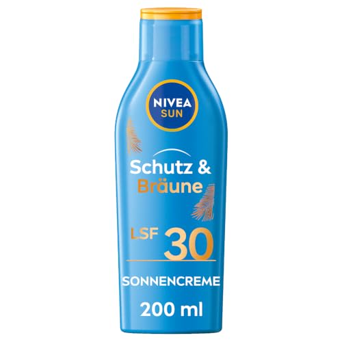 NIVEA SUN Schutz & Bräune Sonnencreme LSF 30 (200 ml) Sonnenmilch mit Pro-Melanin-Extrakt für eine ebenmäßige Bräune sofortiger Sonnenschutz mit UVA/UVB-Filtersystem