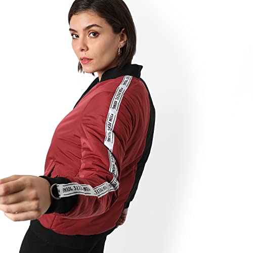 Image of PINACOLADA Women Red & Black Puffer Regular Fit Bomber Jacket For Winter Wear | Low-Cut Standing Collar | Full Sleeve | Buttoned | Casual Jacket For Woman & Girl | Western Stylish Jacket For Women