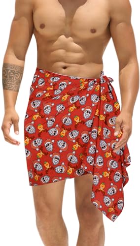 HAPPY BAY Men's Christmas Tree Swimwear Beach Gifts Pareo Swim Trunk Vacation Holiday Xmas Party Beachwear Short Sarong for Men One Size Red, Santa