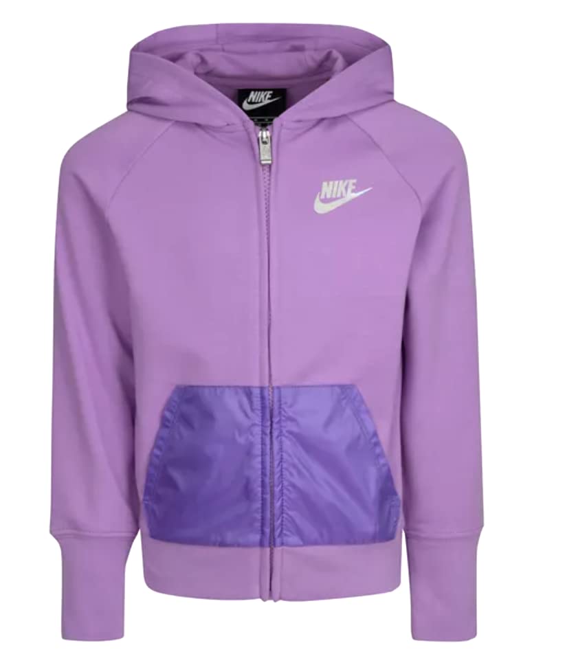 Nike Little Girl’s Full Zip Lightweight Violet Shock Fashion Hoodie, Iridescent Metallic Swoosh Logo, Satin Tonal Front Pockets, Purple Zipper, Style 36I056/Color P85, Size 4 (3-4 Years Old)