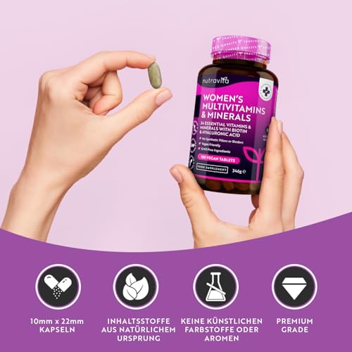 Multivitamine & Mineralien für Frauen - 24 essentielle aktive Vitamine & Mineralien mit zusätzlicher Hyaluronsäure - 180 vegane Tabletten - keine synthetischen Füllstoffe oder Bindemittel - Nutravita – Bild 5