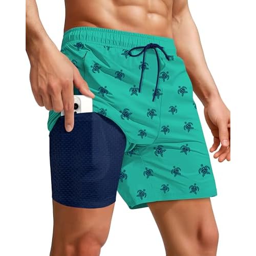7 Inch Men Swim Trunks with Compression Breathable Liner Quick Dry Zipper Pockets for Pool Board Beach Cruise Small Aqua Navy Turtle