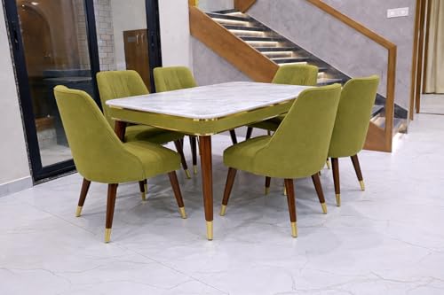 Image of WOODEN SPACE 6-Seater Wooden Dining Table Set | Nano Composite Marble Top | Solid Wood Base | Modern Dining Room Furniture with 6 Chairs (Green 2)