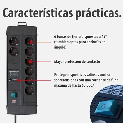 Regleta 8 tomas Brennenstuhl contra sobretensiones de 60000A e interruptor 3