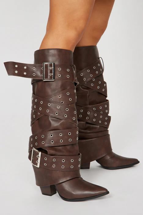 Goolita Fold Over Boots For Women, Pointed Toe Chunky Heel Slouchy Knee High Boots Denim Zipper Buckle Dress Tall Boots4