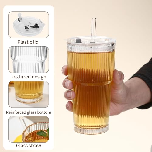 2 Pezzi 600ml Bicchieri da Acqua con Coperchio e Cannuccia, Bicchieri in Vetro con Pennello di Paglia, Bicchieri con Cannuccia,Ermetico, Adatto per Succo, Cocktail, Birra, Caffè - immagine 4