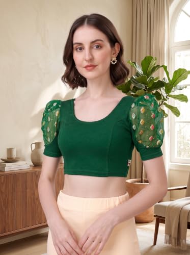 Image of SFT Women's Cotton Lycra Blend Readymade Saree Blouse with Round Neck Half Sleeves Solid Pattern Knit Weave Regular Fit and Pull On Closure