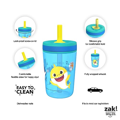 Image of Zak Designs Baby Shark Kelso Tumbler Set, Leak-Proof Screw-On Lid with Straw, Bundle for Kids Includes Plastic and Stainless Steel Cups with Bonus Sipper (3pc Set, Non-BPA) (Pack of 12)