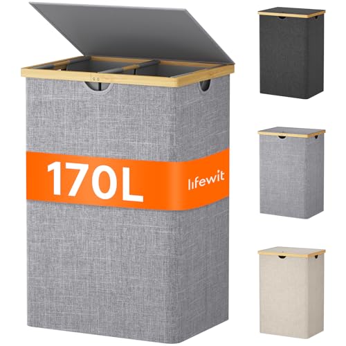 Lifewit 170L Bambus Wäschekorb mit Deckel, Faltbar Wäschesammler 3 Fächer Wäschesortierer mit Abnehmbarem Wäschesack Bambus Griffen Wäschebox Laundry Baskets für Waschküche, Schlafzimmer, Grau