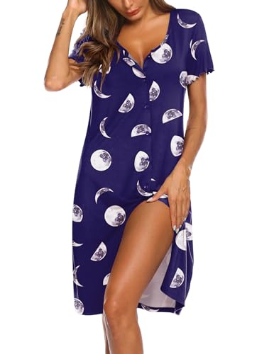 Image of Ekouaer Women Nightshirts Button Down Nightgown Boyfriend Sleep Shirt Short Sleeve Night Shirts Housedress