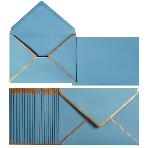 50 Pack A7 Envelopes Dusty-Blue 5 x 7 with Gold Border
