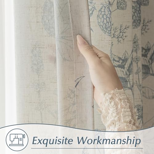 Image of FMFUNCTEX Linen Curtains Floral Patterned Curtains for Bedroom Living Room, Blue Curtain 96 Inches Long Farmhouse, Light Filtering Beige Window Curtain Grommet Top 2 Panels Set
