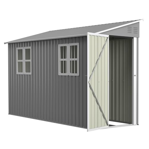 4x10FT Lean to Shed with Floor Frame & Windows Metal Outdoor Storage Shed Large Tool Shed for Garden Backyard Patio Storage Outside Lean to Waterproof Shed Gray