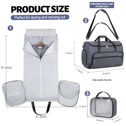 Garment Duffle Bags for Travel, Convertible Garment Bag for Men Women, Carry On Duffle Bag Backpack with Shoe Compartment & Toiletry Bag, 4 in 1 Hanging Suitcase Suit Travel Bags (Dark Grey)2