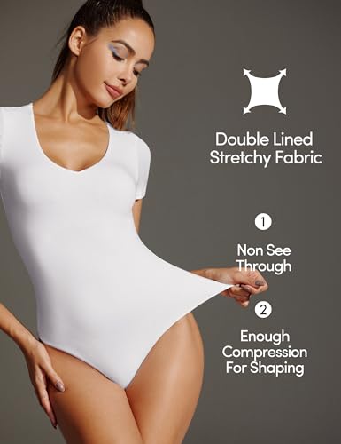 Image of IUGA Bodysuits for Women Tummy Control Body Suits for Womens Compression Slimming Thong Bodysuit V Neck