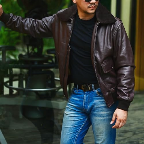 Image of Jild Navy G-1 Real Leather Bomber Jacket Men with Removable Fur Collar - Vintage Flight Aviator Leather Jacket Men