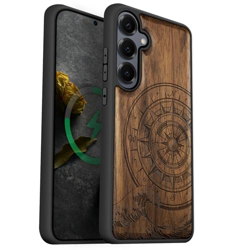 Coque bois Samsung S25 étui boussole pour les passionnés de voyage