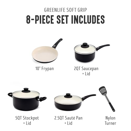 Image of GreenLife Soft Grip 8 Piece Cookware Set, Non-Toxic PFAS-Free Ceramic Nonstick, Frying, Sauce, Saute, Utensils, Glass Lids, Stay-Cool Handles, Wobble Free, Dishwasher & Oven Safe, Black