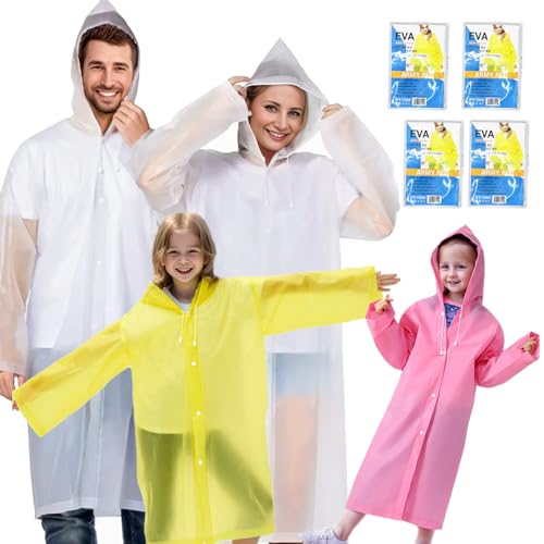 4PCS Emergency Rain Jacket, Ponchos Family Pack with Hood and Drawstring, EVA Reusable Rain Coat for Kids Adults