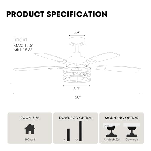 Image of 52 Inch Ceiling Fans with Lights and Remote Control, Farmhouse Ceiling Fan with LED Lighting for Bedroom Living Room and Patio, Black Caged Ceiling Fan for Indoor and Outdoor(NO Bulbs)
