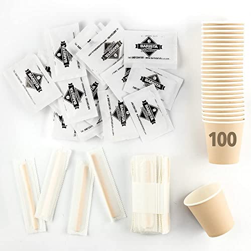 Barista Italiano - Kit completo de accesorios para café 100 bolsitas de azúcar + 100 vasos de papel + 100 paletas de madera - Kit ecológico y reciclable