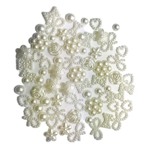 All In One 15Gram Assorted Cream Hearts, Stars, Flowers, Bows, Pearls Flat Back Cabochon (Pearl-15 Gram) #TOP18