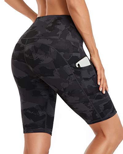 Oalka Short feminino curto de ioga com bolsos laterais cintura alta treino corrida, Espátula de carv
